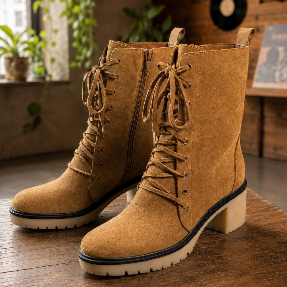 Tan Faux Suede Lace Up Lug Sole Combat Boots Womens 9 Block Heel Side Zip Brown